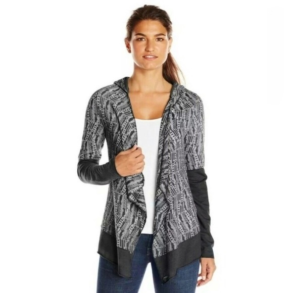 Prana Sweaters - Prana Gray Printed Open-Front Cardigan w/ Hood